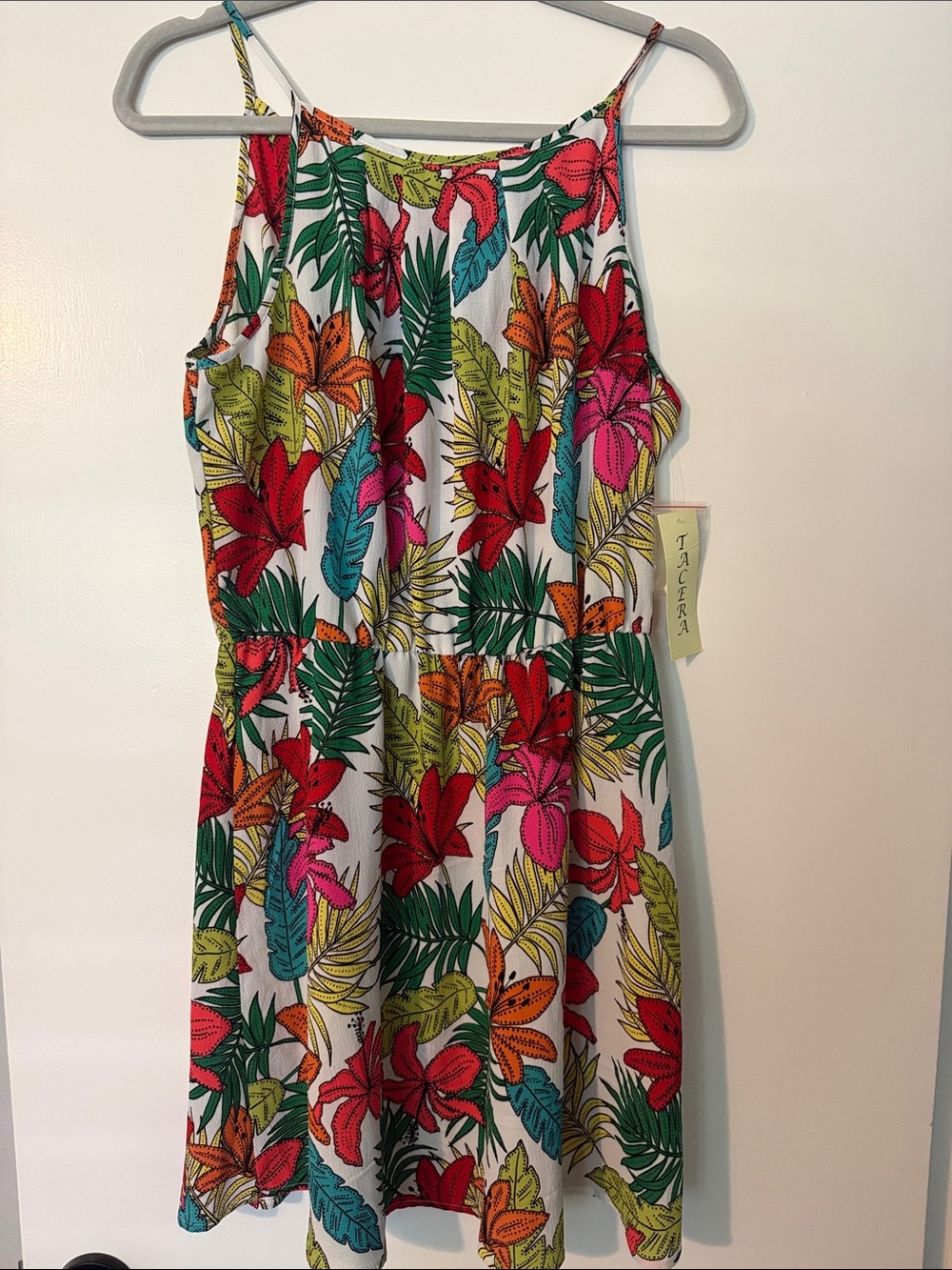 Tacera White Mini Dress with Red Pink Orange Yellow & Green Tropical Print